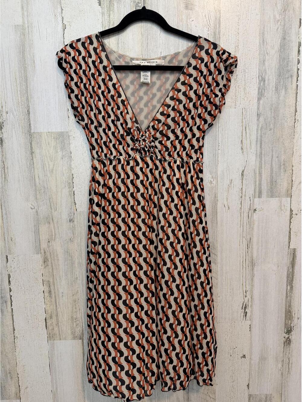 Max Studio Women's XS Dress Midi V-Neck Retro Print Empire Waist Orange Black - Picture 2 of 12